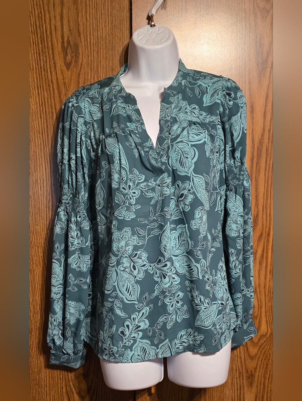 LOFT Teal Green Floral Split-Neck Blouse